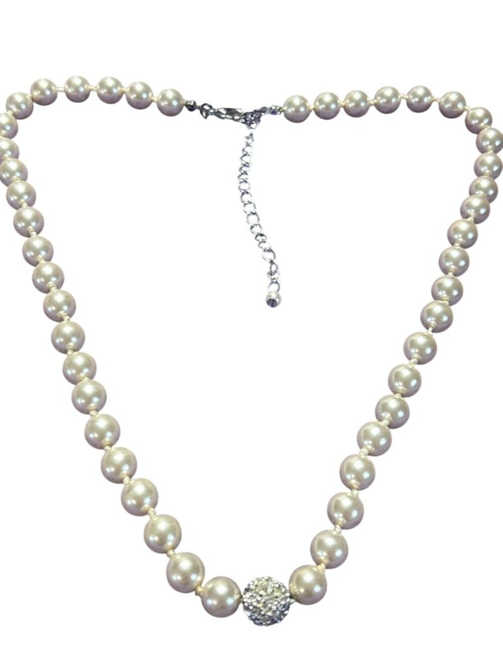 Vtg 90s RMN Roman Plastic Faux Pearl Beaded Necklace Knotted Rhinestone Pave